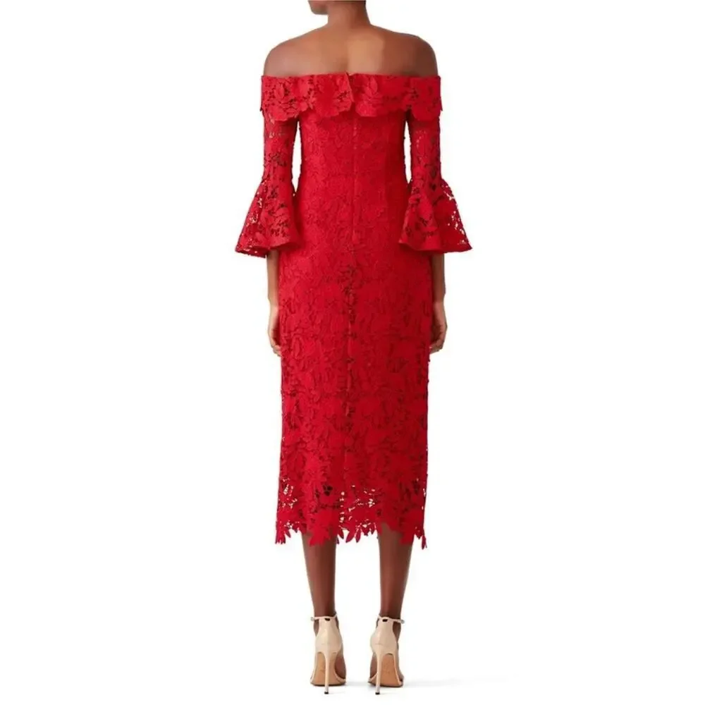 Shoshana Red Off The Shoulder Lace Harrison Sheath Tea Midi Length Dress 4
